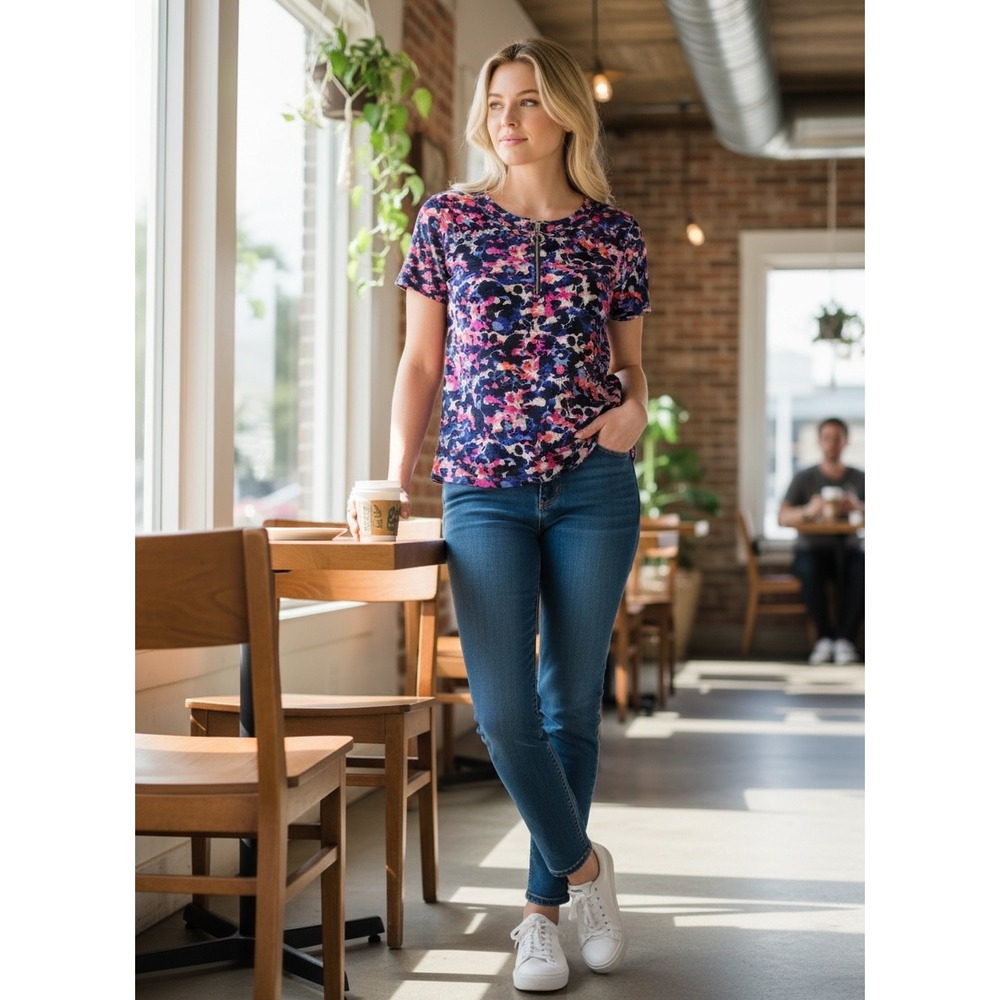 Rafaella Womens Petite PS Abstract Floral Cotton Short Sleeve Top Navy Pink